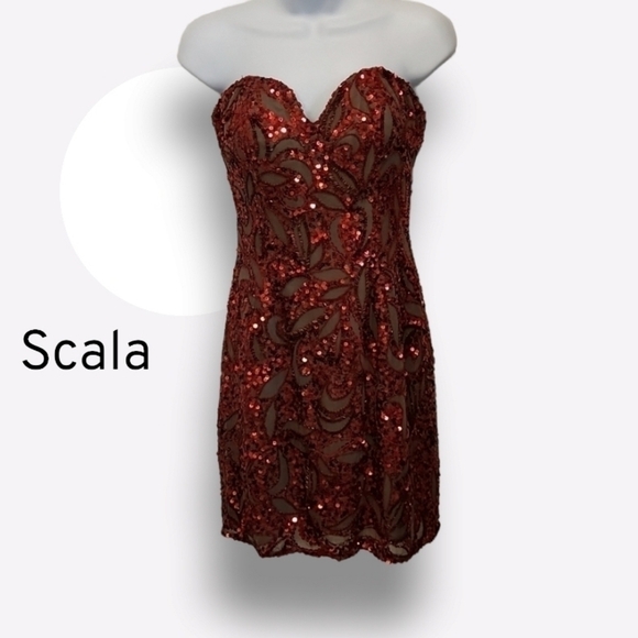 scala Red 100% Silk Sequin Metallic Strapless Cocktail Party Dress - Picture 2 of 6